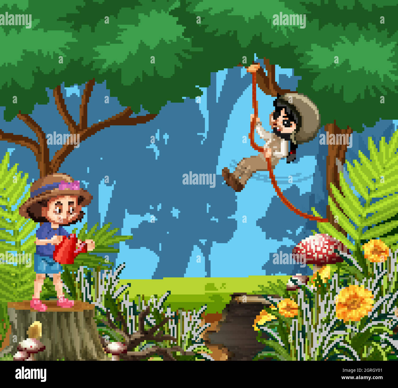 Scena con due ragazze che si divertono nei boschi Illustrazione Vettoriale