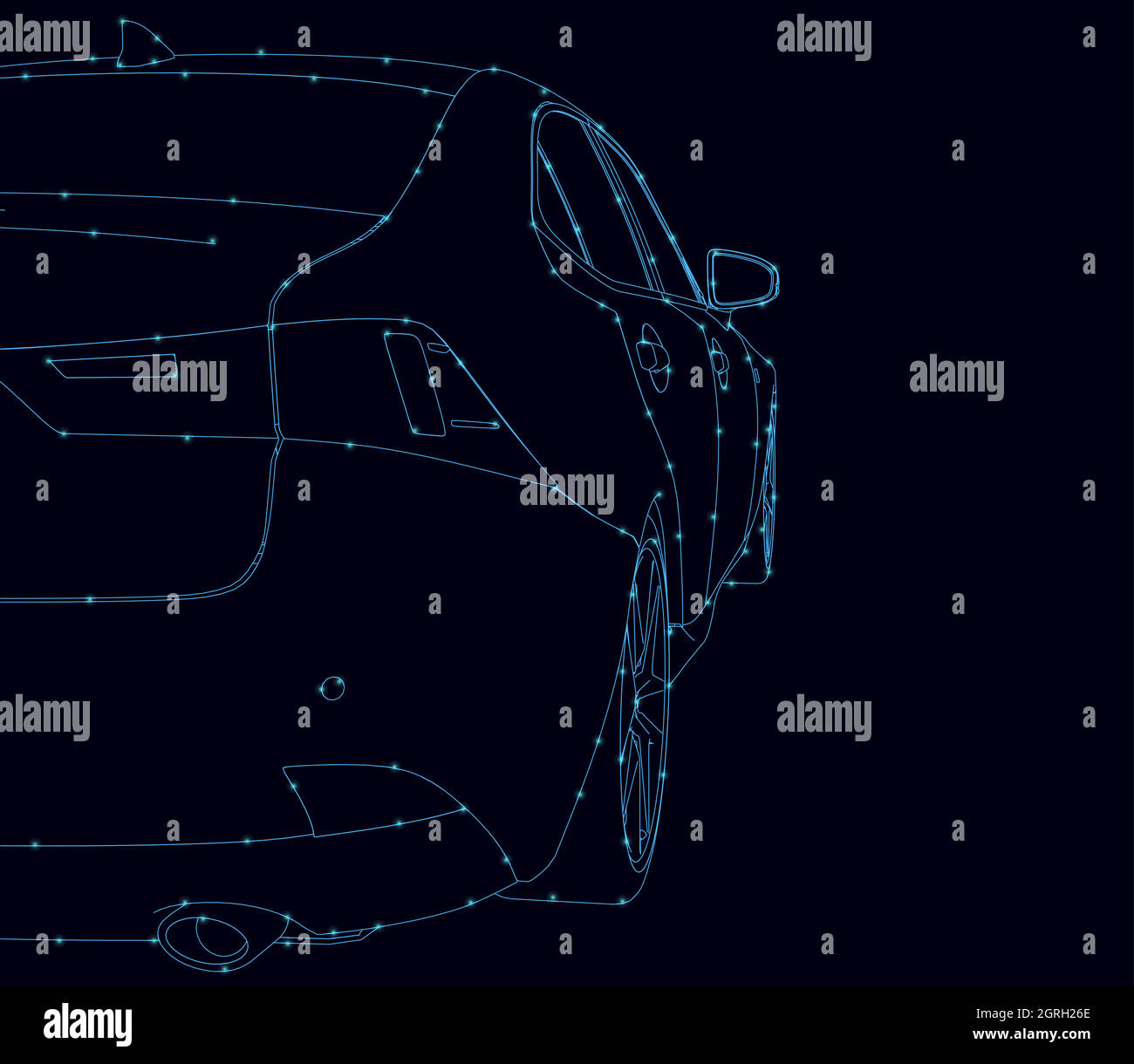 Il profilo di una moderna auto dalle linee blu su sfondo scuro con luci incandescenti. Vista posteriore. Illustrazione vettoriale. Illustrazione Vettoriale