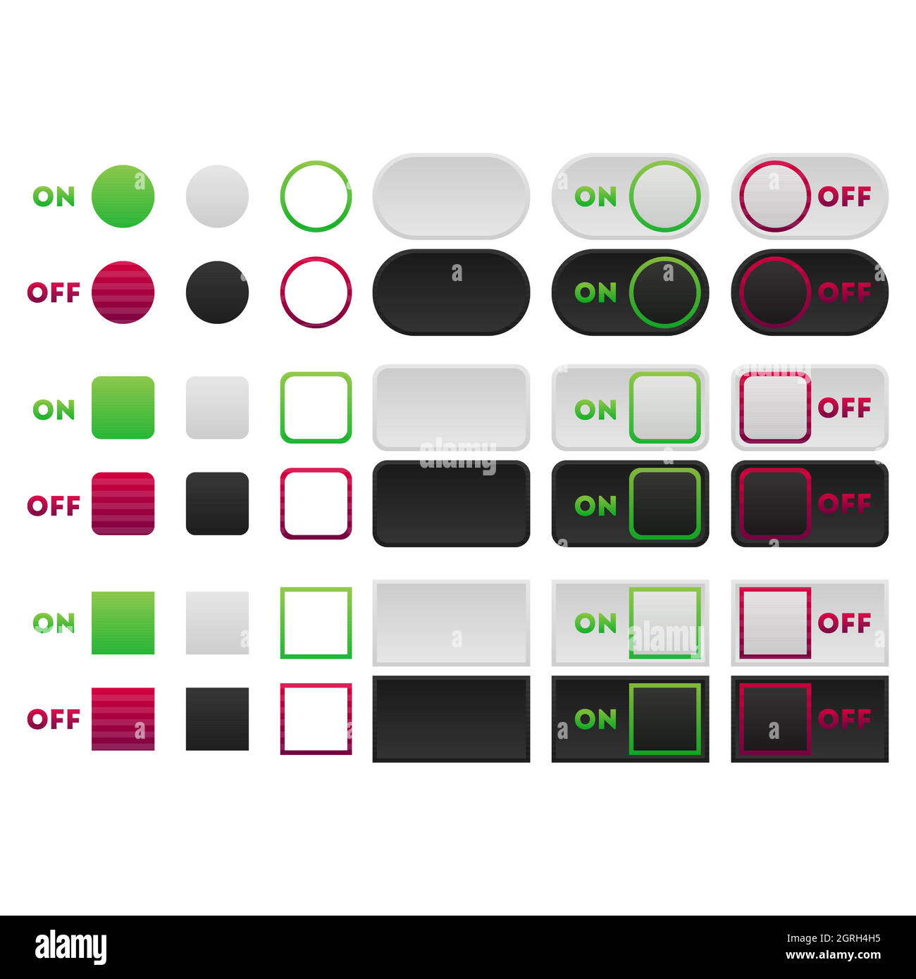 Icona Imposta pulsante multicolore in stile piatto. Illustrazione Vettoriale