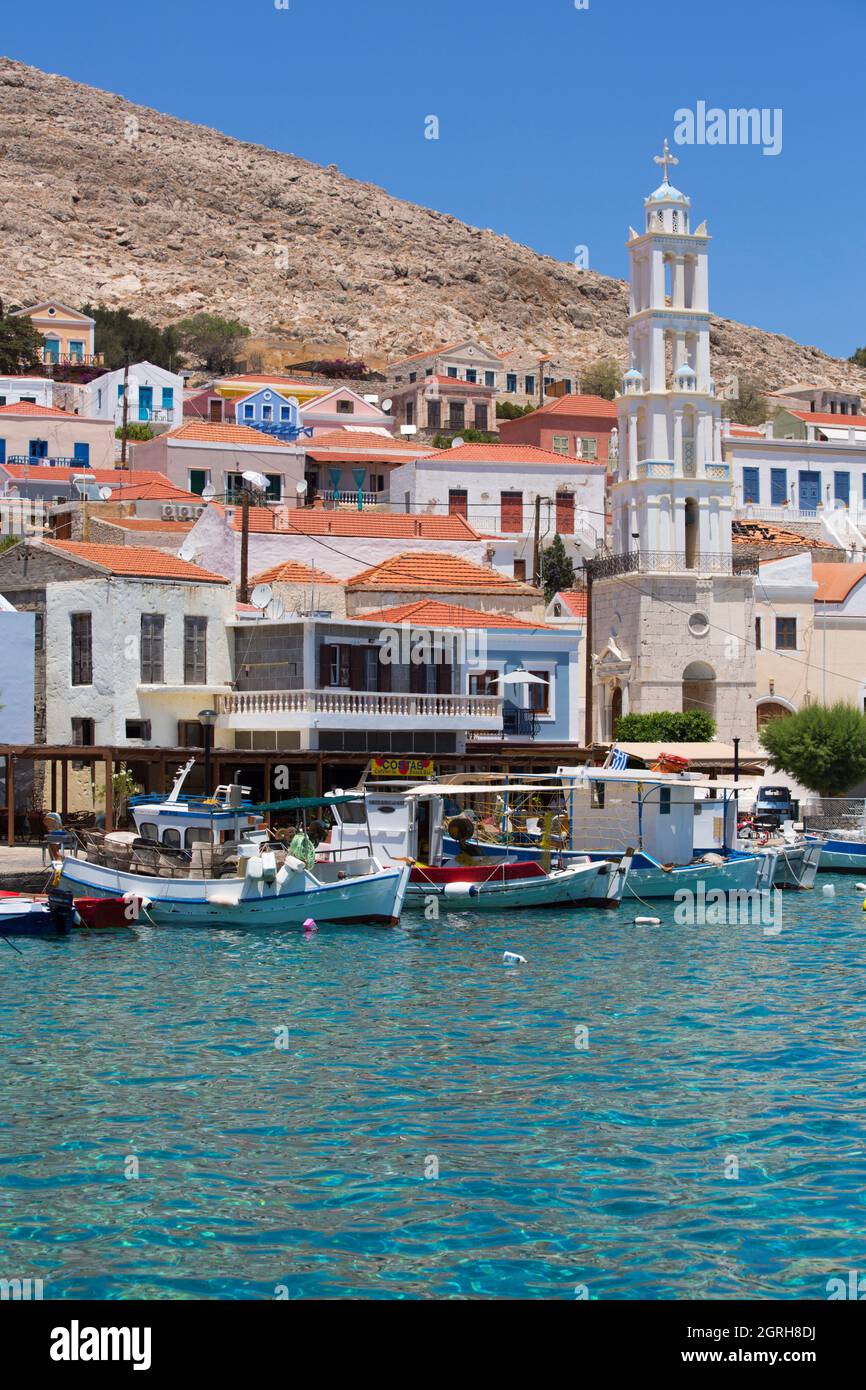 Porto di Emborio, Isola di Halki (Chalki), Gruppo Dodecanese, Grecia Foto Stock