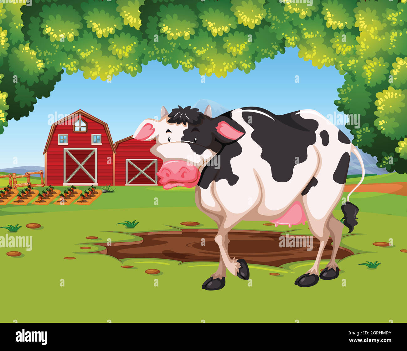 Mucca nella scena di fattoria Illustrazione Vettoriale