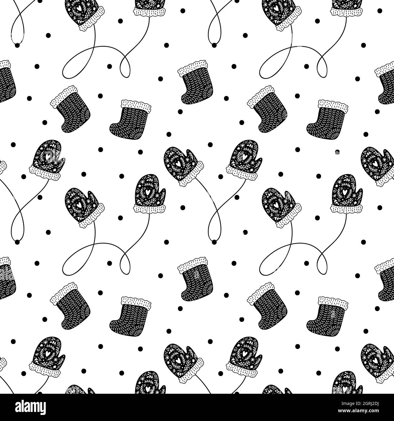 Vector Christmas Scandinavo modello senza cuciture con calze e guanti. Inverno Abstract disegno a mano linee texture. Pennellate di vernice nera su Illustrazione Vettoriale