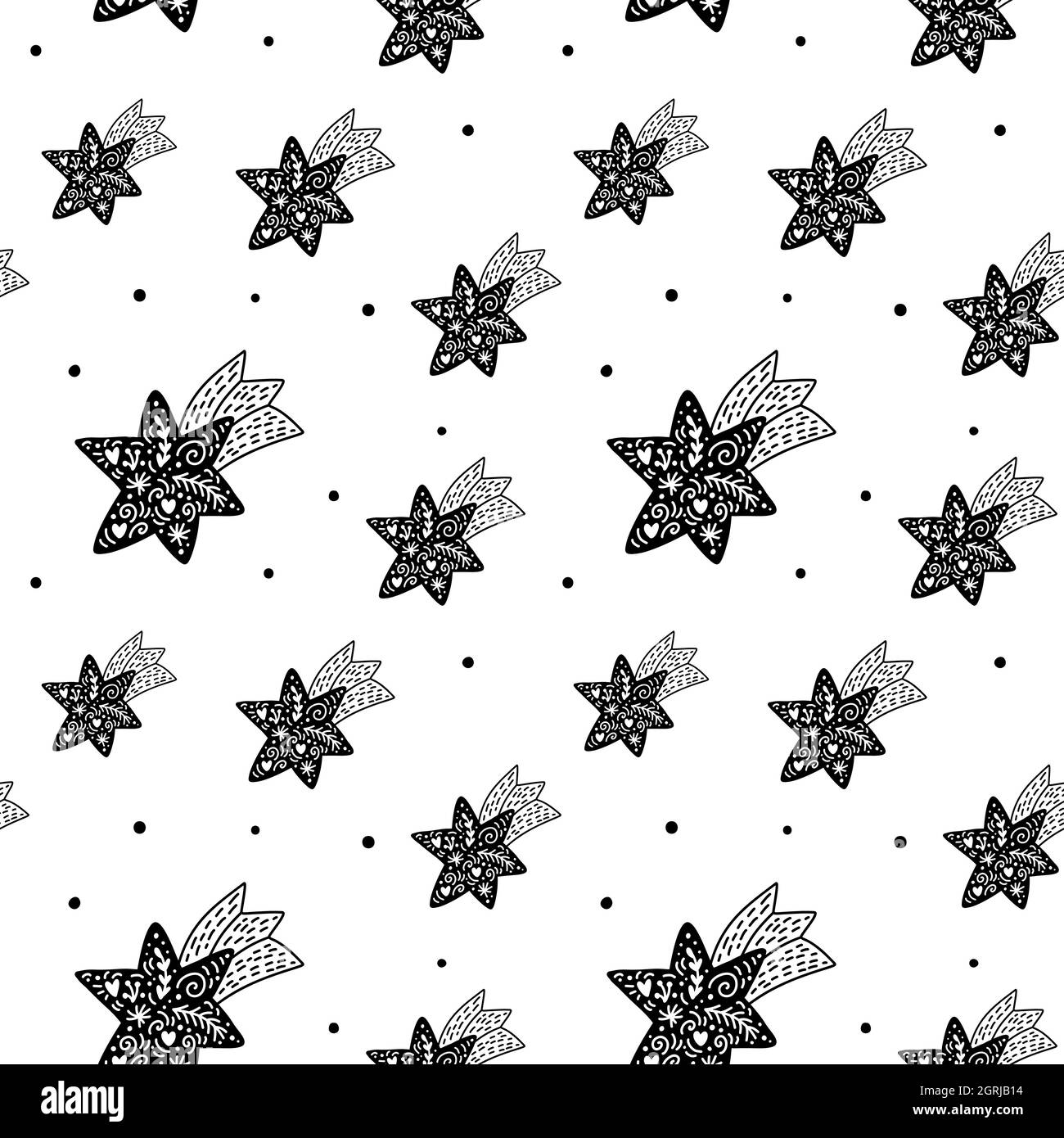 Vector Christmas Scandinavo modello senza cuciture con stelle. Disegno di trama astratto delle linee disegnate a mano. Pennellate di vernice nera su sfondo bianco Illustrazione Vettoriale