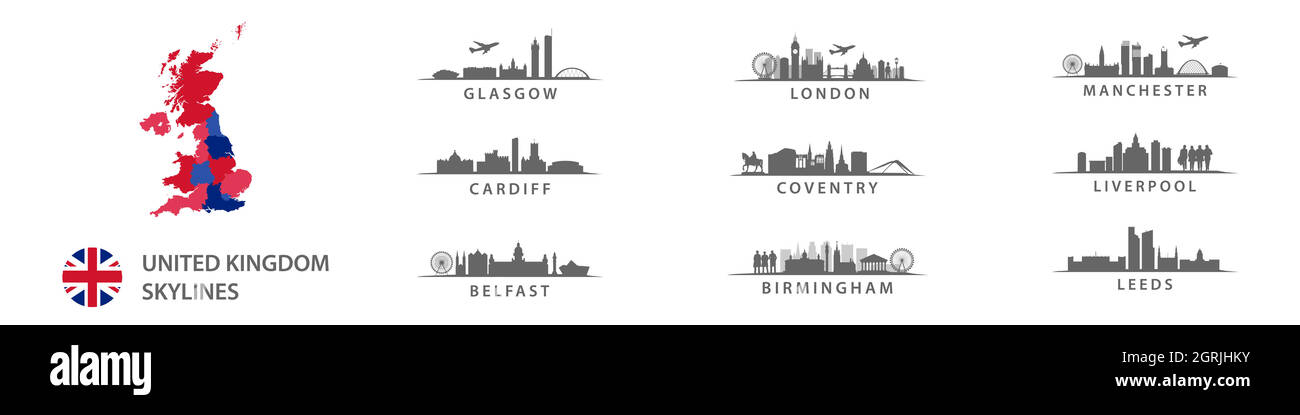 Collezione di grandi città nel Regno Unito Untitted, skyline in silhouette vettoriali, destinazioni inglesi in Inghilterra, Galles, Belfast, Scozia e Irlanda del Nord Illustrazione Vettoriale