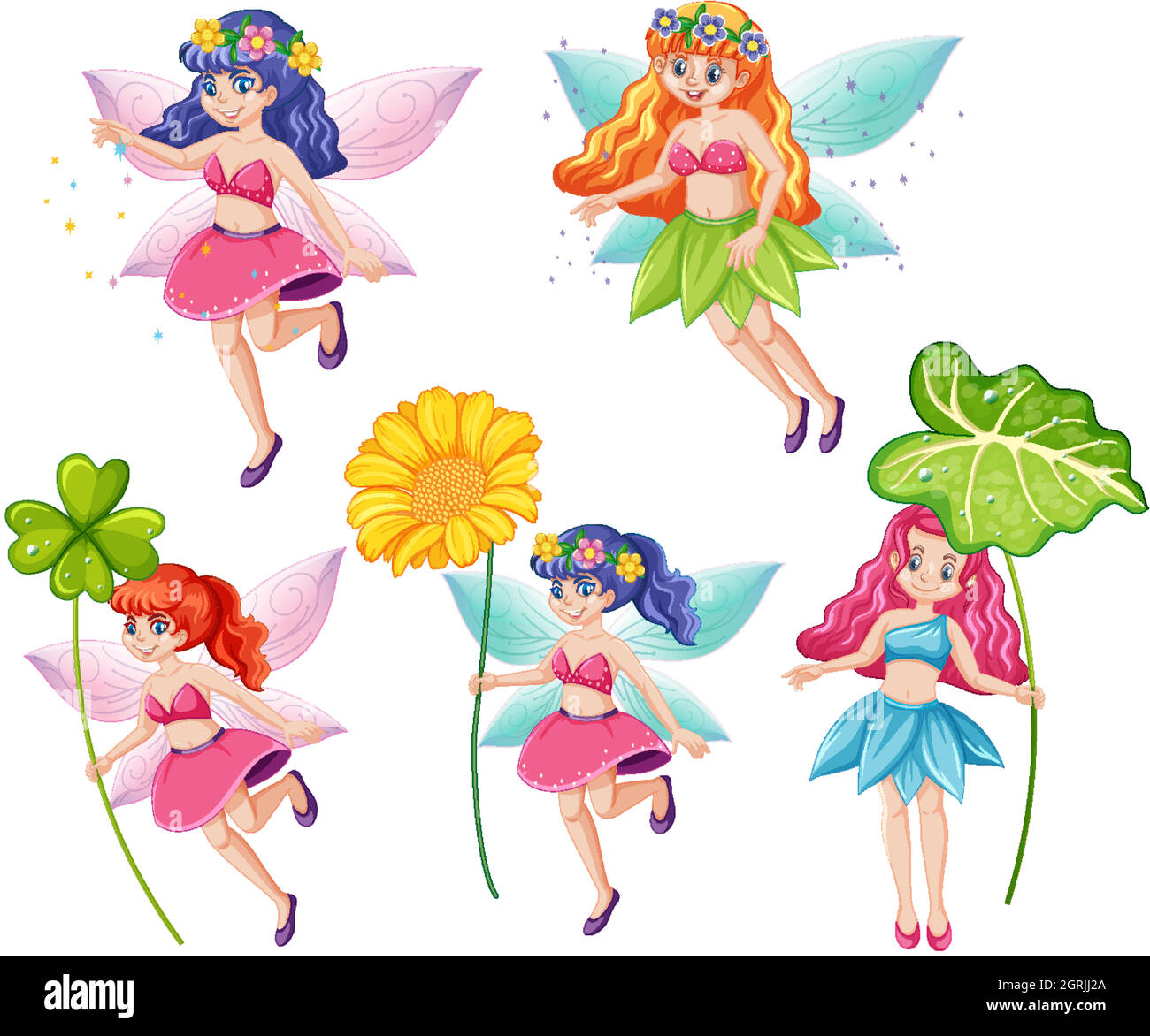 Set di carine fate con un personaggio di cartoni animati di fiori su sfondo bianco Illustrazione Vettoriale