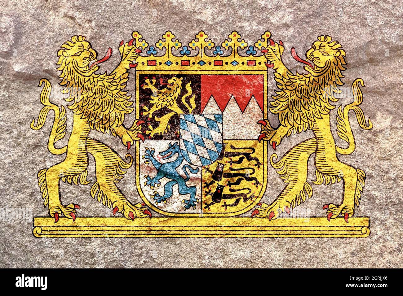 Stemma sbiadito della Baviera isolato su un solido sfondo di pietra resistente agli agenti atmosferici. Foto Stock