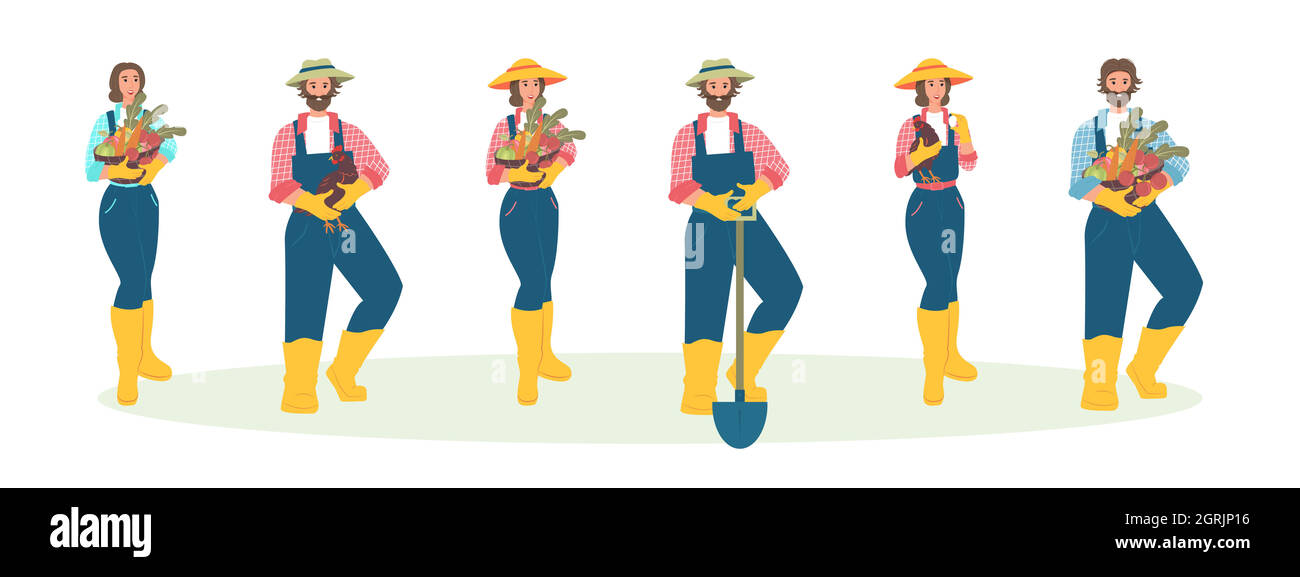 Persone impegnate in agricoltura. Set di caratteri vettoriali contadini in stile piatto. Uomini e donne del villaggio Illustrazione Vettoriale