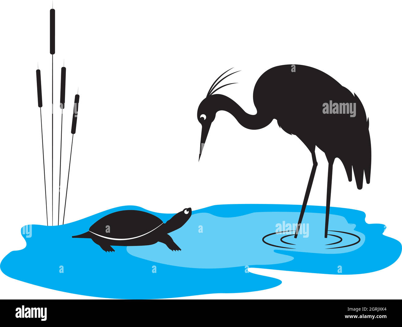 Heron uccello e tartaruga silhouette su stagno, vettore. Carino divertente cartone animato design. Arte naturale da parete, opere d'arte. Decalcomanie parete bambini Illustrazione Vettoriale