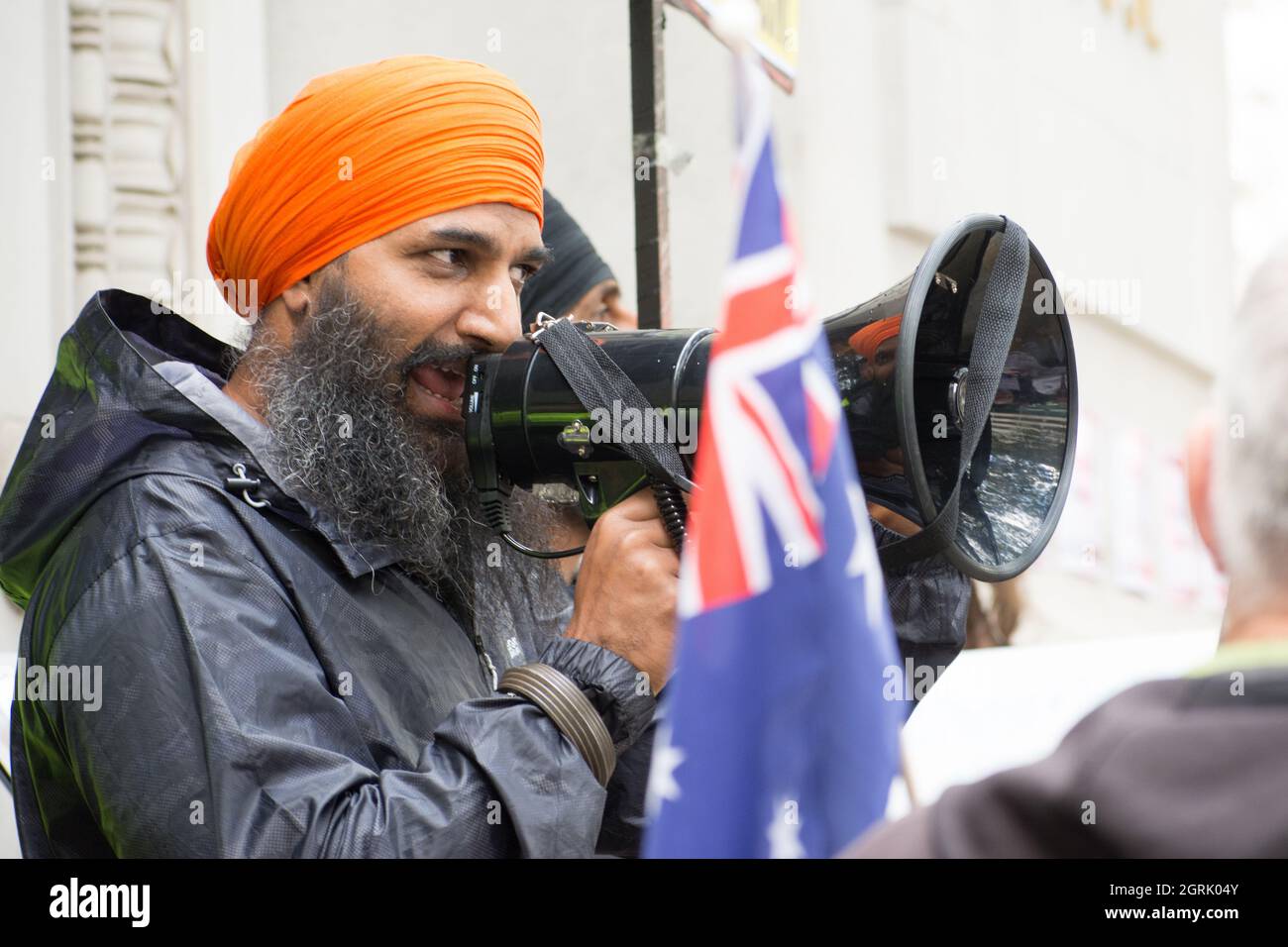 Londra, Regno Unito. 1 ottobre 2021: Sikhs unirsi contro il governo tirannico australiano travestito come salute pubblica come modi in India domanda Khalistan indipendente fuori dalla casa Australia, Londra, Regno Unito. 1° ottobre 2021. Credit: Picture Capital/Alamy Live News Credit: Picture Capital/Alamy Live News Foto Stock