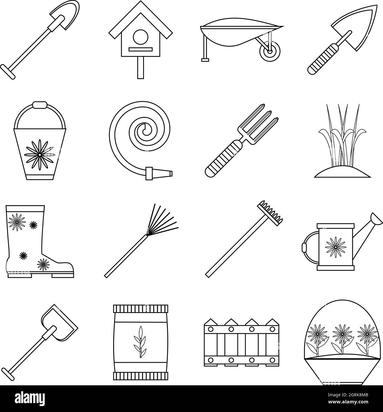 Giardiniere strumenti set di icone di stile di contorno Illustrazione Vettoriale