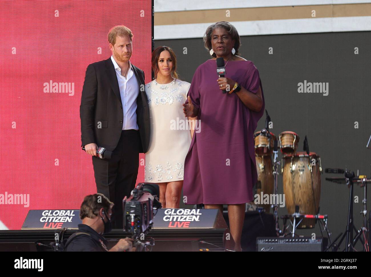 Central Park, New York, USA, 25 settembre 2021 - il principe Harry, Meghan Markle e l'ambasciatore degli Stati Uniti all'ONU Linda Thomas-Greenfield all'evento Global Citizen Live a Central Park New York City. Foto: Giada Papini/EuropaNewswire PHOTO CREDIT OBBLIGATORIO. Foto Stock