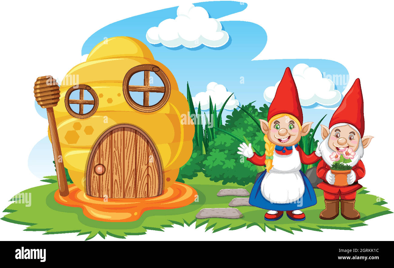 Gnomes e casa a nido d'ape nel giardino in stile cartone animato su sfondo cielo Illustrazione Vettoriale