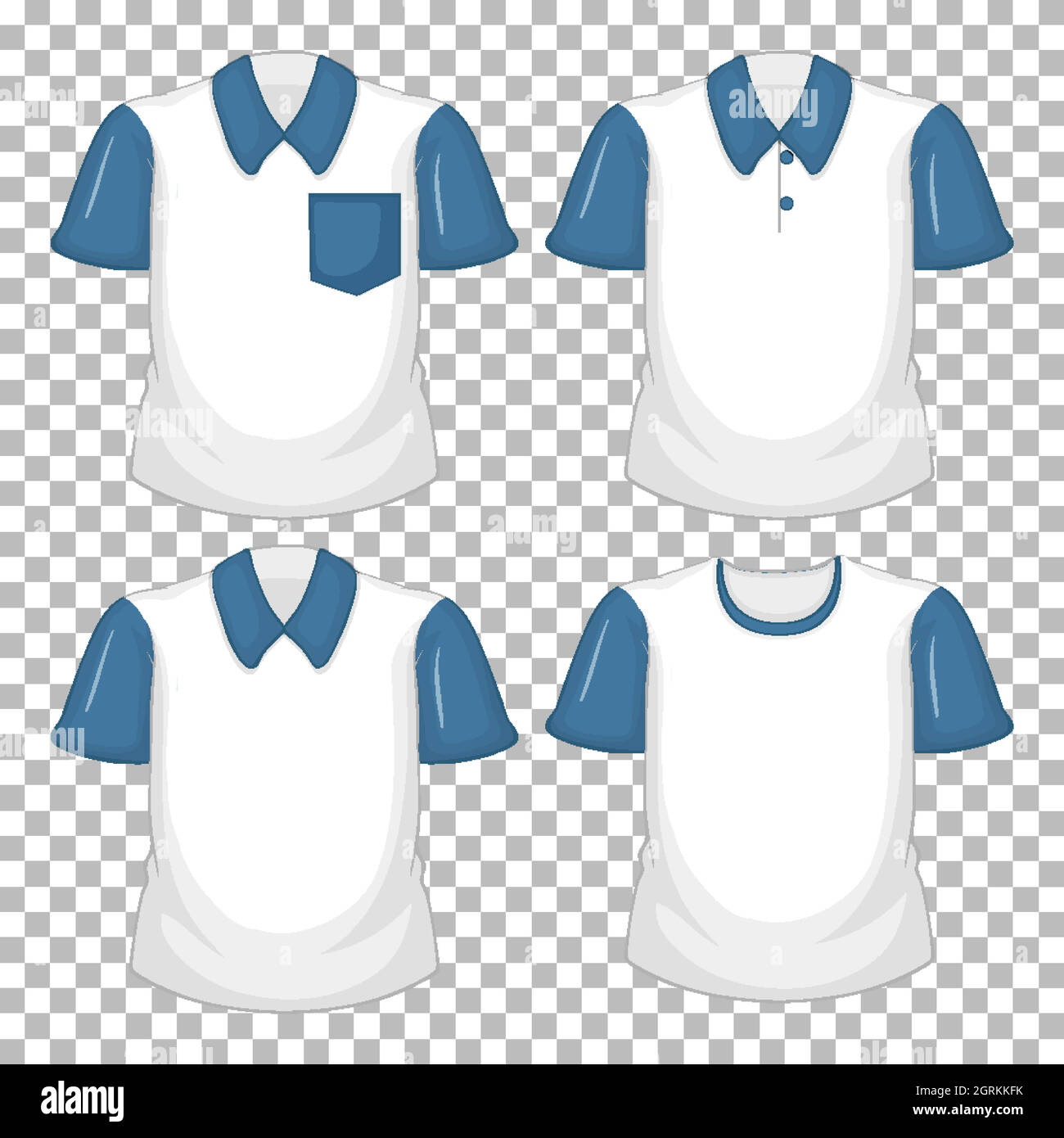 Set di diverse camicie bianche con maniche corte blu isolate su sfondo trasparente Illustrazione Vettoriale