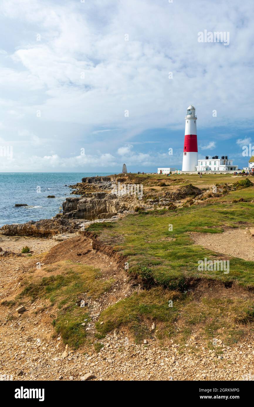 Landmark Portland Bill faro e costa, Isola di Portland, Dorset, Inghilterra, Regno Unito Foto Stock