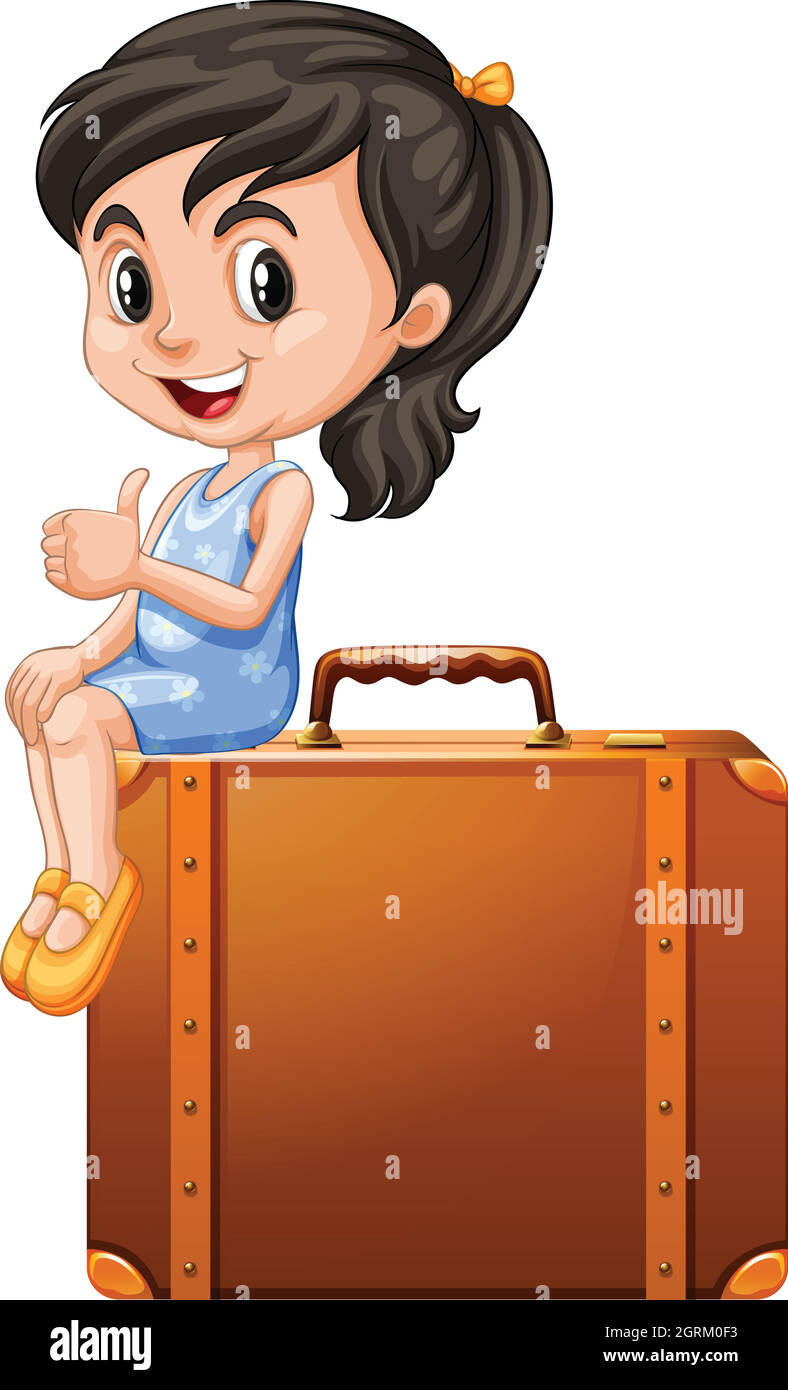 Poco ragazza seduta su una valigia Illustrazione Vettoriale