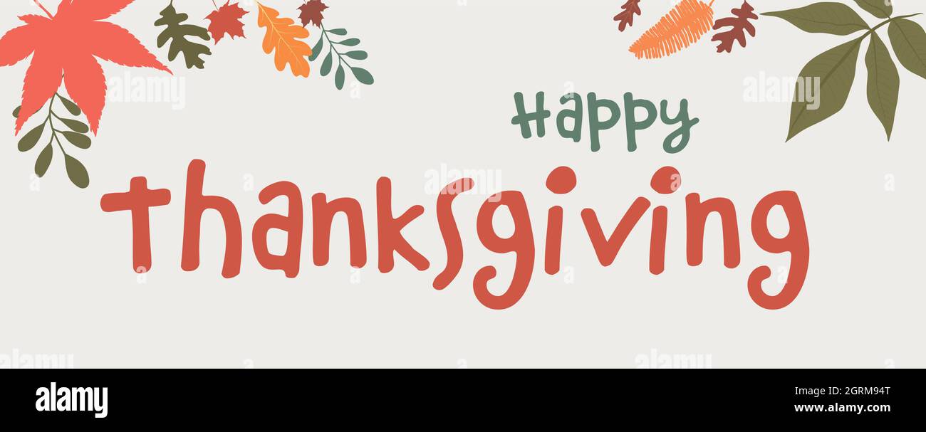 Illustrazione vettoriale testo arancione -Happy Thanksgiving- con decorazione del fogliame autunnale e foglie di acero. Giorno del ringraziamento. Banner Illustrazione Vettoriale
