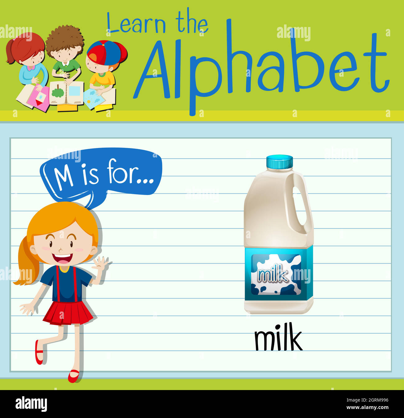 La lettera M della flashcard è per il latte Illustrazione Vettoriale