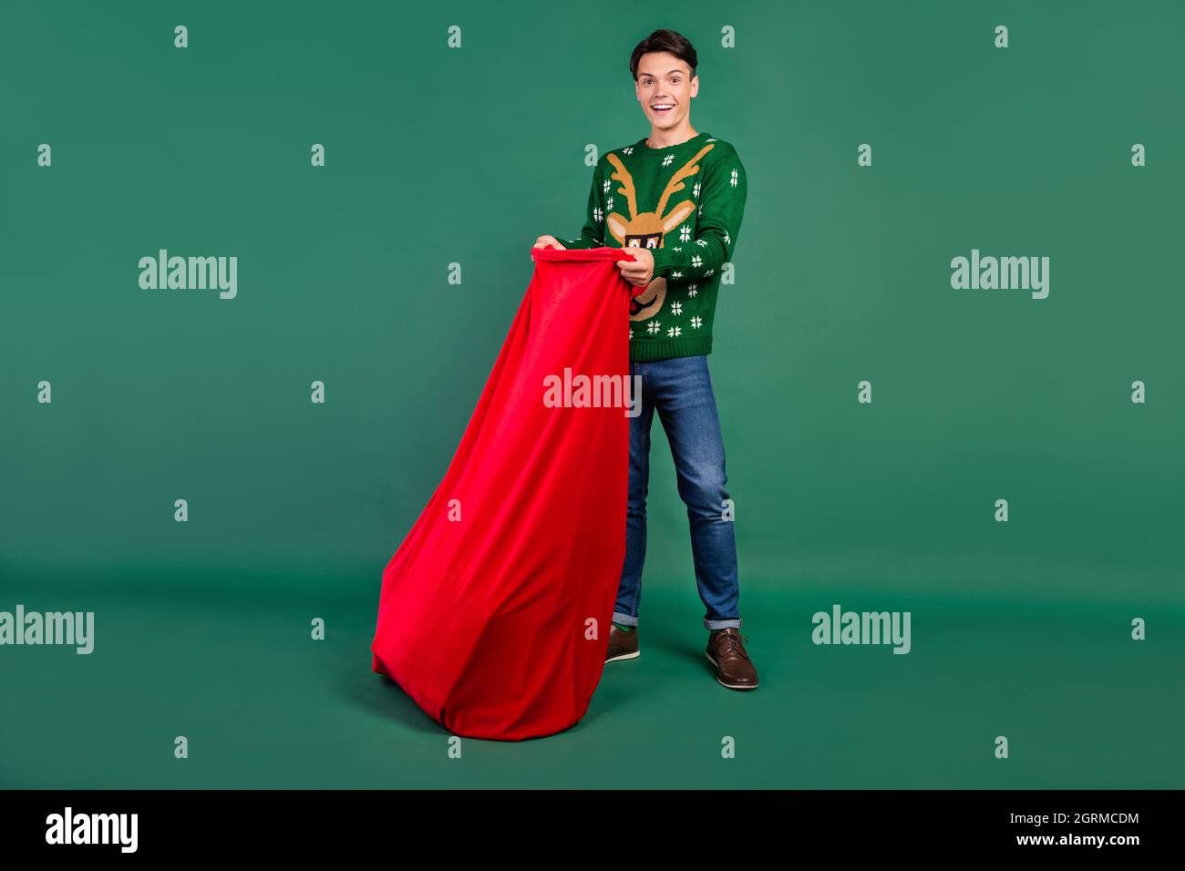 Foto di eccitato funky ragazzo aperto grande borsa regali indossare cervi ornamento pullover isolato colore verde sfondo Foto Stock