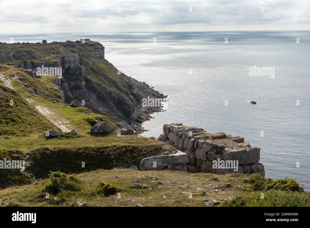 Costa rocciosa vista dal Tout Quarry Sculpture Park e dalla Riserva Naturale, sito patrimonio dell'umanità dell'UNESCO, Isle of Portland, Dorset, Inghilterra, Regno Unito Foto Stock