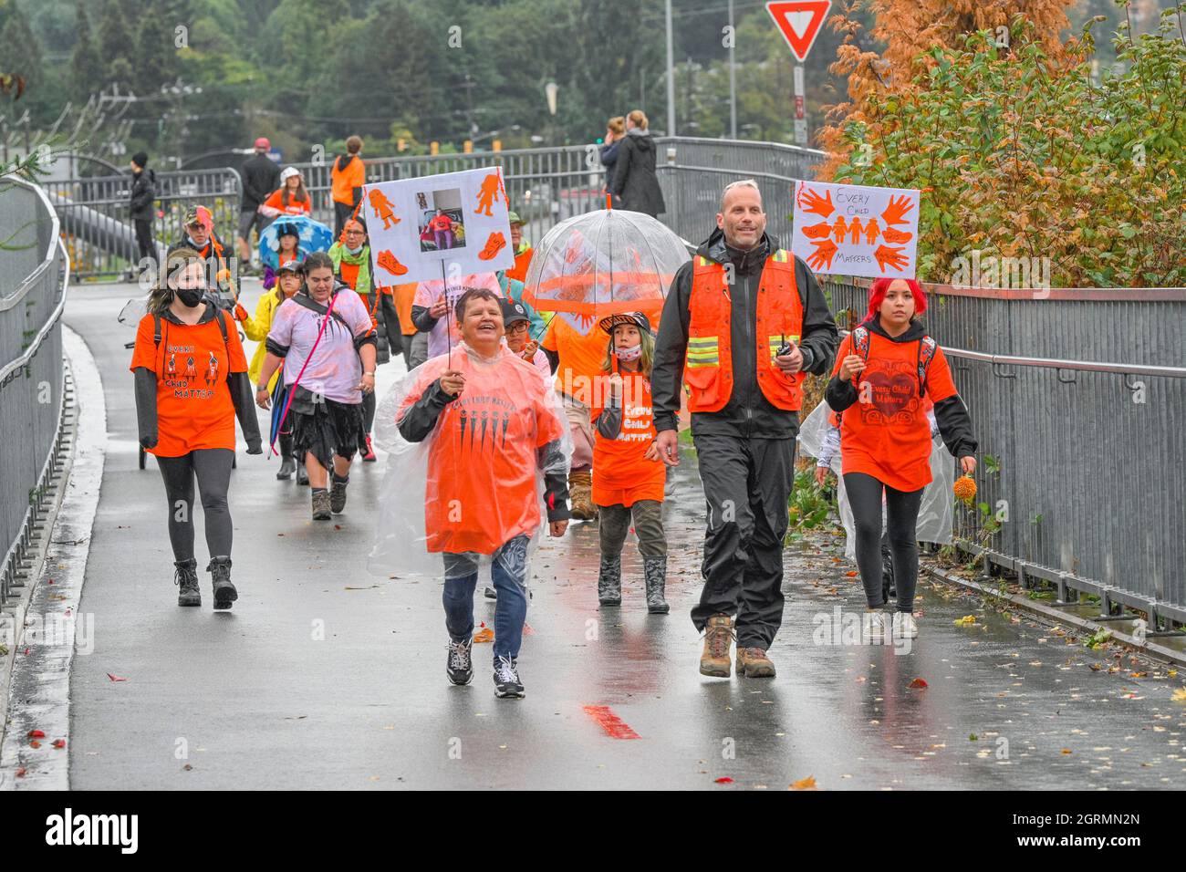 Tsleil-Waututh First Nation Walk 8.5 km da riserva a sito di ex scuola residenziale, North Vancouver, British Columbia, Canada Foto Stock