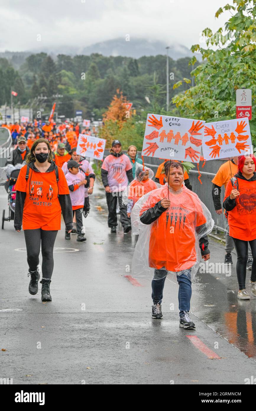 Tsleil-Waututh First Nation Walk 8.5 km da riserva a sito di ex scuola residenziale, North Vancouver, British Columbia, Canada Foto Stock