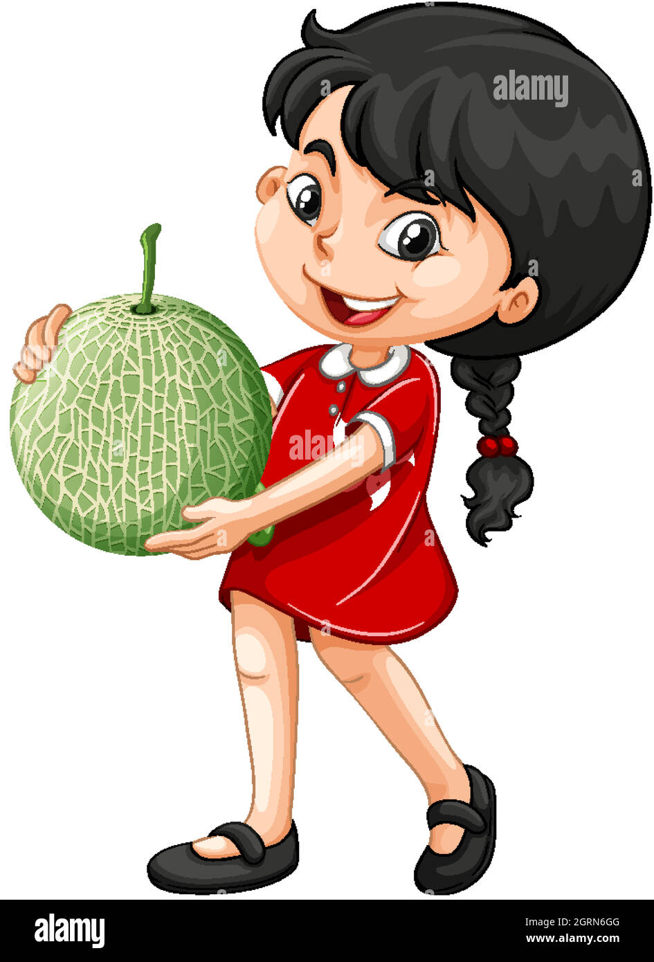 Ragazza asiatica che tiene la frutta del melone in posizione eretta Illustrazione Vettoriale