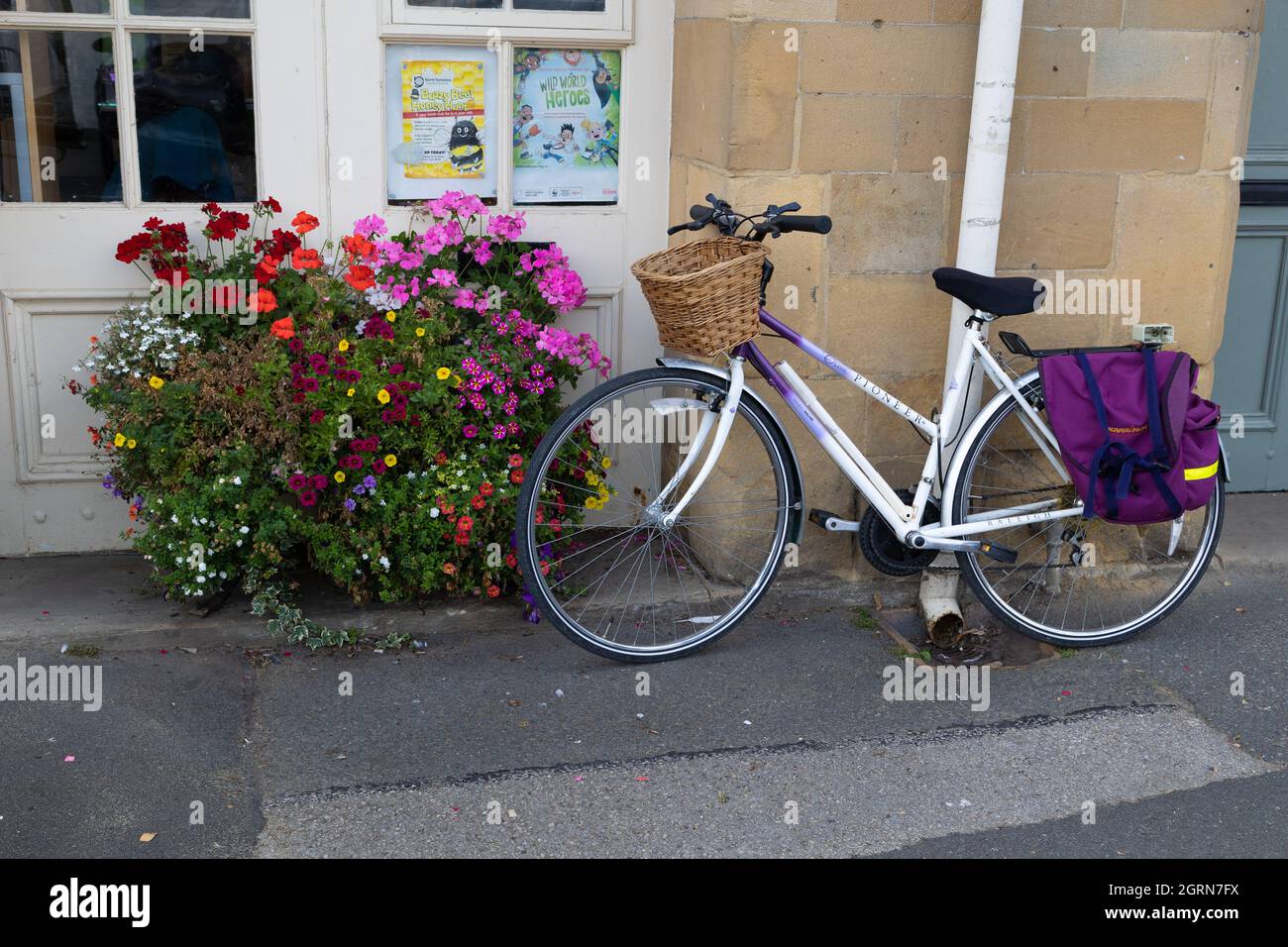 Una bicicletta da donna si appoggia contro un muro accanto ad alcuni bei fiori Foto Stock