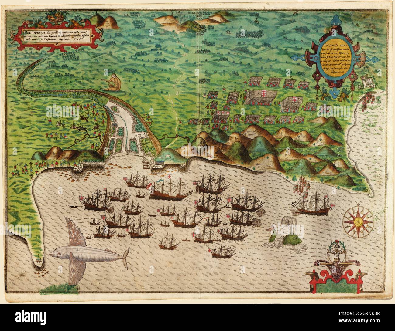 Mappa e viste illustranti il viaggio dell'India occidentale di Sir Francis Drake, 1585-6 di Boazio, Baptista. Foto Stock