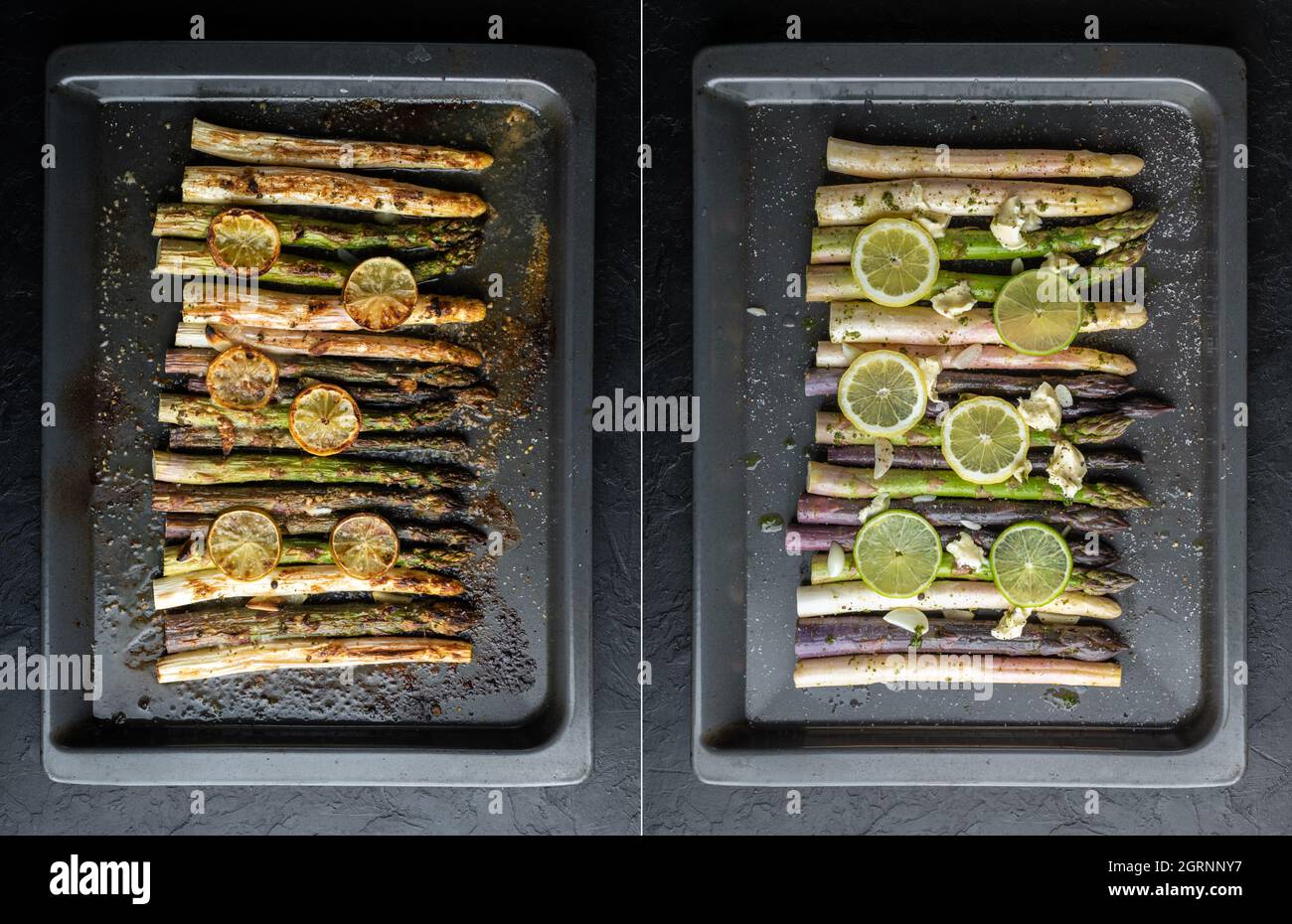 Cotto al forno e pronto per la cottura di verdure a germogli di asparagi bianchi, viola e verdi con limone, aglio e formaggio su sfondo scuro. Fotografia alimentare Foto Stock