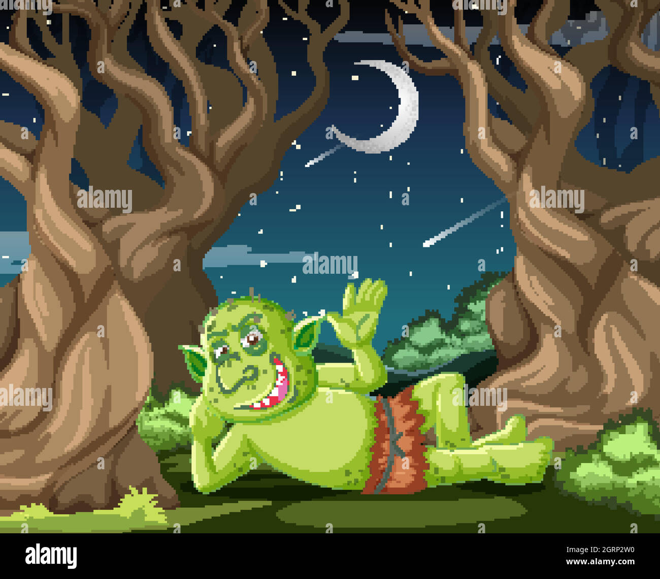 Goblin o troll che giacciono nella foresta cartoon stile scena Illustrazione Vettoriale