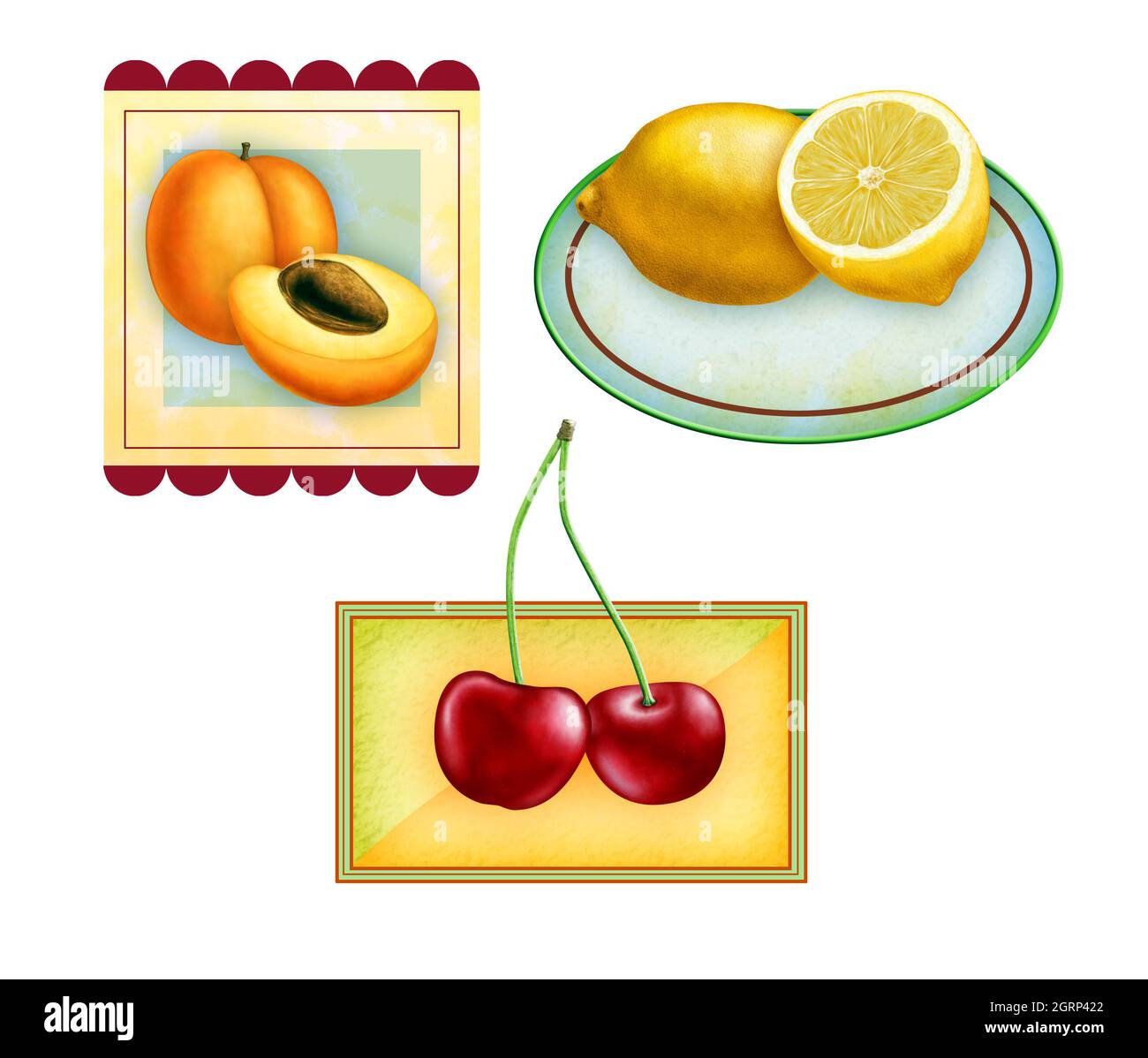 Etichette fuit per albicocche, limoni e ciliegie. Illustrazione digitale originale, incluso il percorso di taglio permette di isolare ogni frutto dal suo telaio. Foto Stock