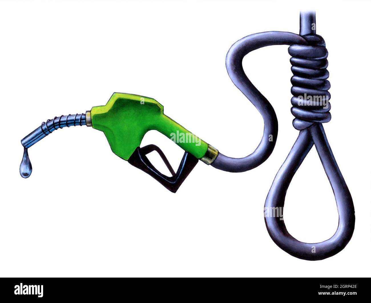 Ugello della pompa benzina. Tubo che forma un nodo appeso. Illustrazione originale dipinta a mano. Foto Stock