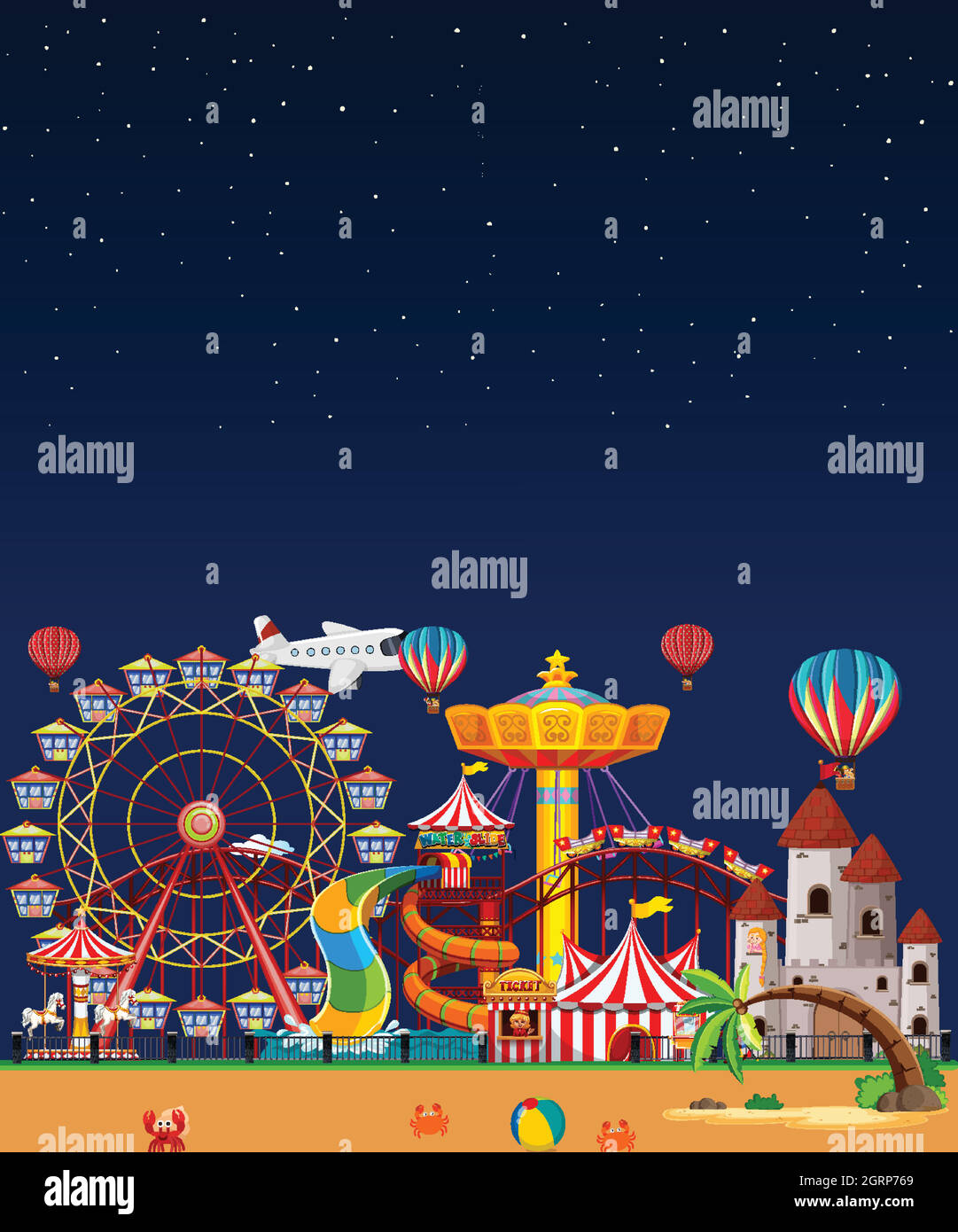 Parco divertimenti di notte con cielo blu scuro Illustrazione Vettoriale
