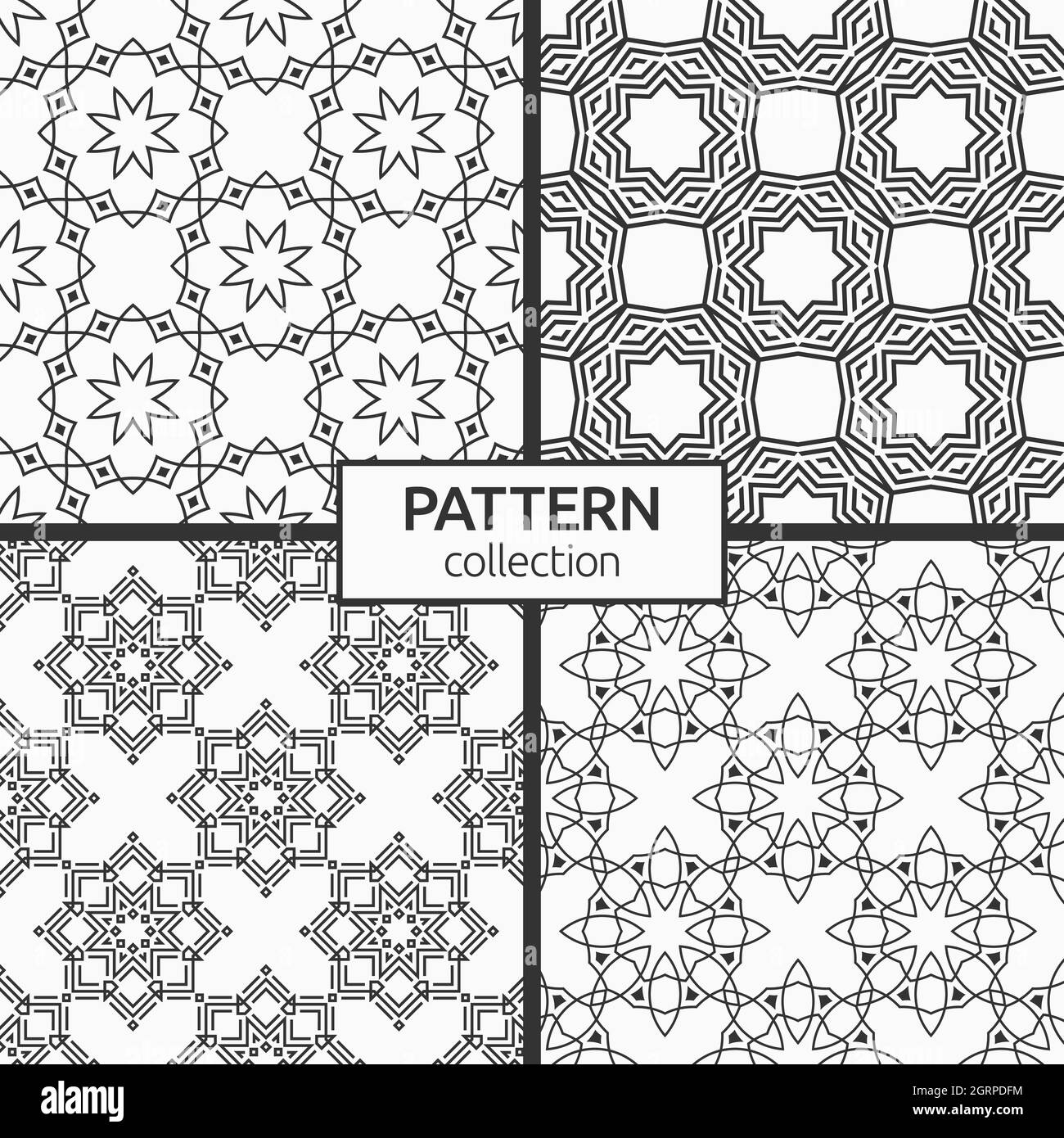 Gruppo di quattro ripetizioni senza giunture di forme geometriche intersecanti. Arabo, ornamento orientale. Reticolo geometrico. Texture lineare ed elegante. Vettore Illustrazione Vettoriale