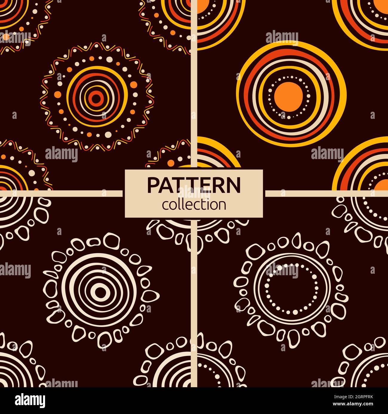 Set di quattro modelli senza giunture aborigeni australiani con cerchi, strisce storte, punti, isolati su sfondo marrone. Infinite texture eleganti. Illustrazione Vettoriale