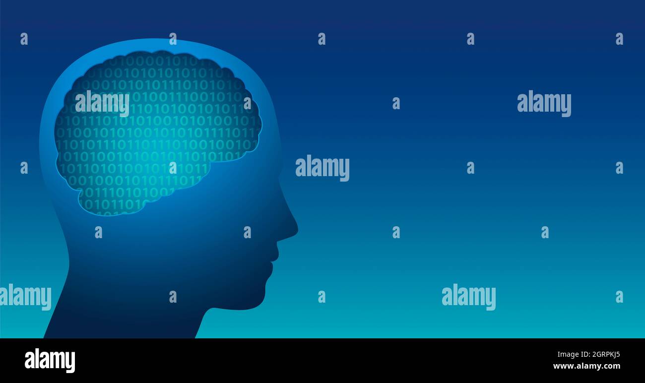 Cervello digitale con codice binario, uno e zero, simbolo per la robotica bionica, l'intelligenza artificiale, la superintelligenza e la cibernetica. Foto Stock