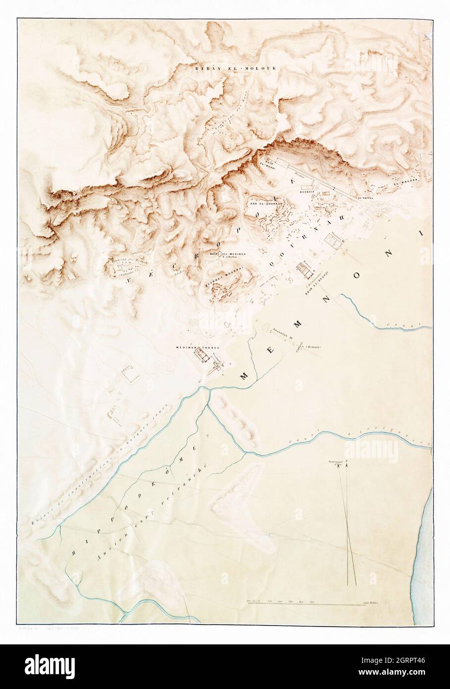 Mappa topografica delle rovine di Tebe da Histoire de l'art égyptien (1878) di Émile Prisse d'Avennes. Foto Stock