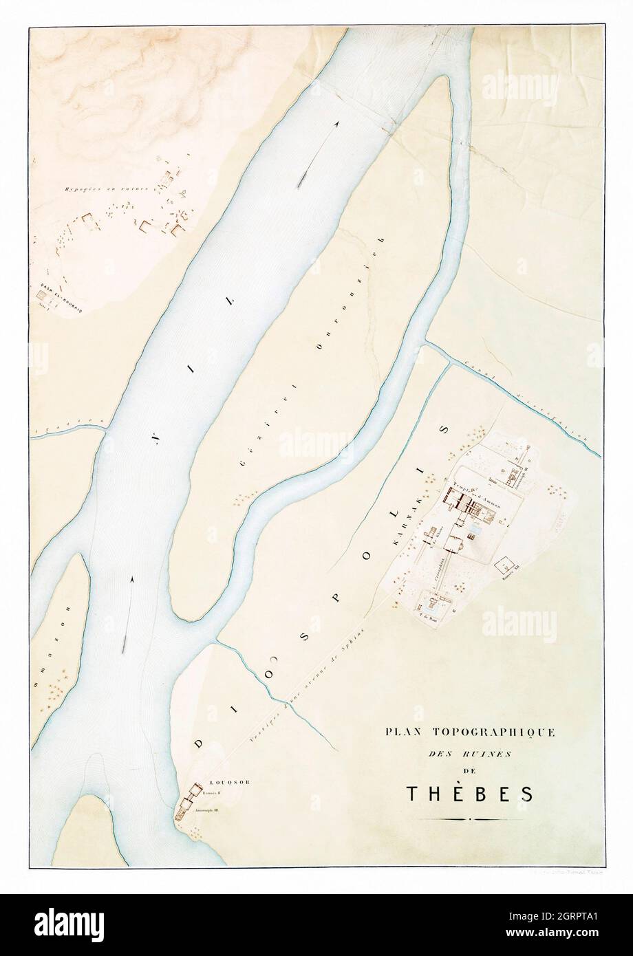 Mappa topografica delle rovine di Tebe da Histoire de l'art égyptien (1878) di Émile Prisse d'Avennes. Foto Stock
