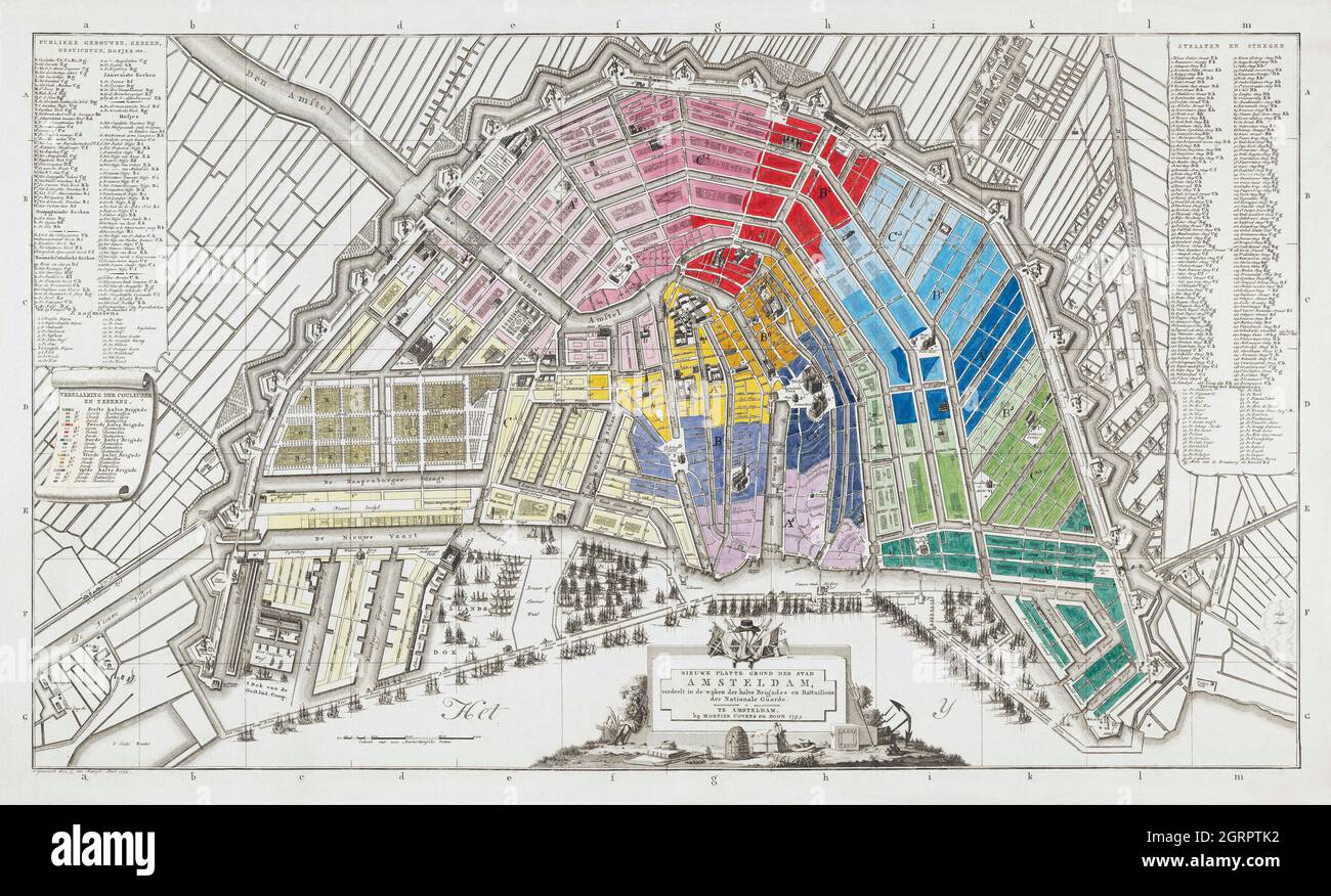 Plattegrond van Amsterdam si è riunito verdeling in brigate halve en bataljons van de Nationale Garde (1795) di Cornelis van Baarsel. Mappa di Amsterdam. Foto Stock