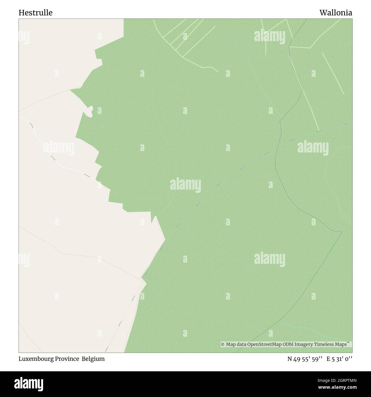 Hestrulle, Provincia di Lussemburgo, Belgio, Vallonia, N 49 55' 59'', e 5 31' 0''', mappa, Mappa senza tempo pubblicata nel 2021. Viaggiatori, esploratori e avventurieri come Florence Nightingale, David Livingstone, Ernest Shackleton, Lewis and Clark e Sherlock Holmes si sono affidati alle mappe per pianificare i viaggi verso gli angoli più remoti del mondo, Timeless Maps sta mappando la maggior parte delle località del mondo, mostrando il successo di grandi sogni Foto Stock