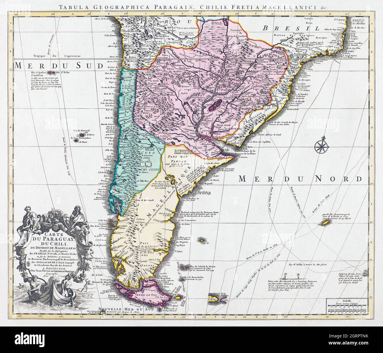 Kaart van het zuidelijke deel van Zuid-Amerika (1750-1760) di Guillaume Delisle. Mappa del Sud America, incluso il Paraguay e il Cile. Foto Stock
