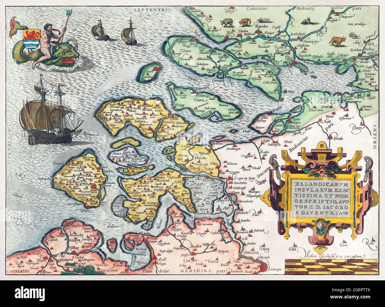 Kaart van Zeeland (1592) di Frans Hogenberg. Mappa di Zeeland. Foto Stock