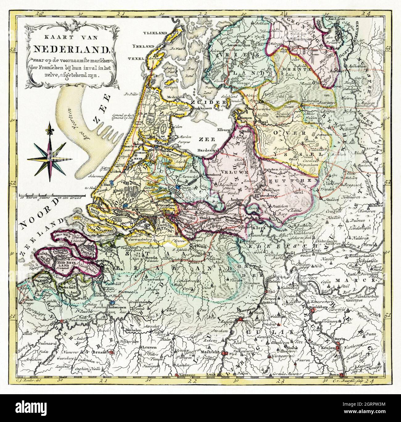 Kaart van Nederland Met de marsroute van het Franse leger (1792) di Cornelis van Baarsel. Foto Stock