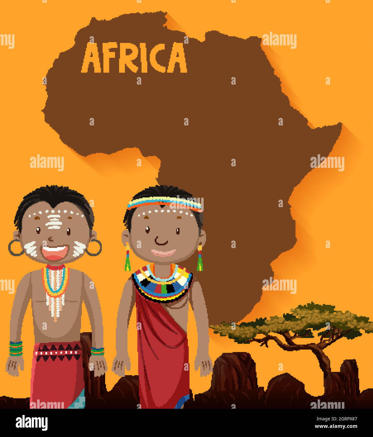Tribù africana nativa con mappa sullo sfondo Illustrazione Vettoriale