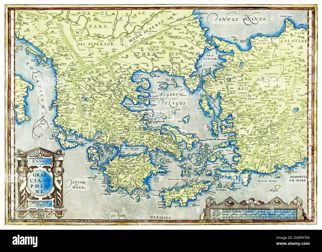 Olandese kaart van Griekenland di Abraham Ortelius (1527-1598). Mappa della Grecia. Foto Stock