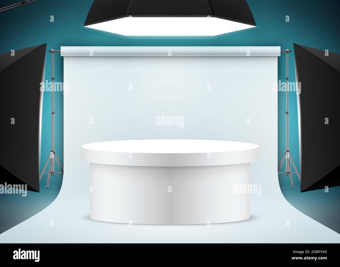 Scena fotografica professionale con tavolo ovale bianco, carta sfondo e luminose luci da studio. Impostazione di Photo Studio illustrazione vettoriale realistica. Illustrazione Vettoriale