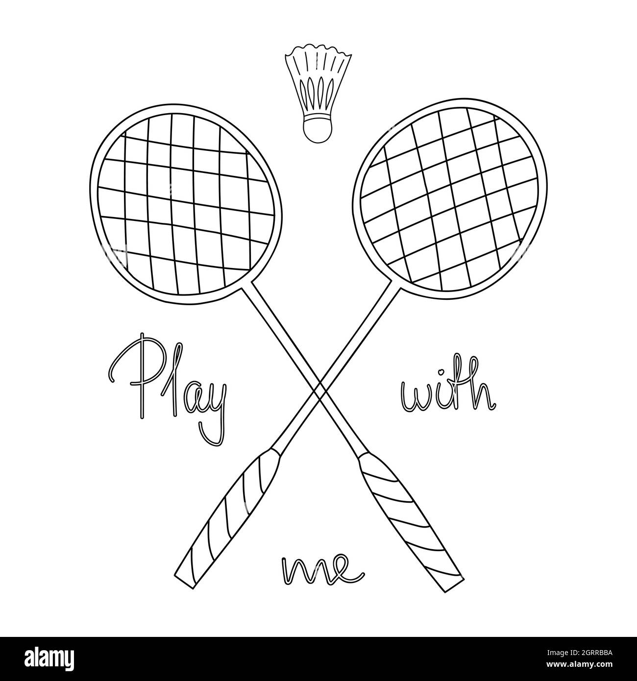 Racchette e shuttleock in stile badminton. Frase Gioca con me. Illustrazione vettoriale. Illustrazione Vettoriale