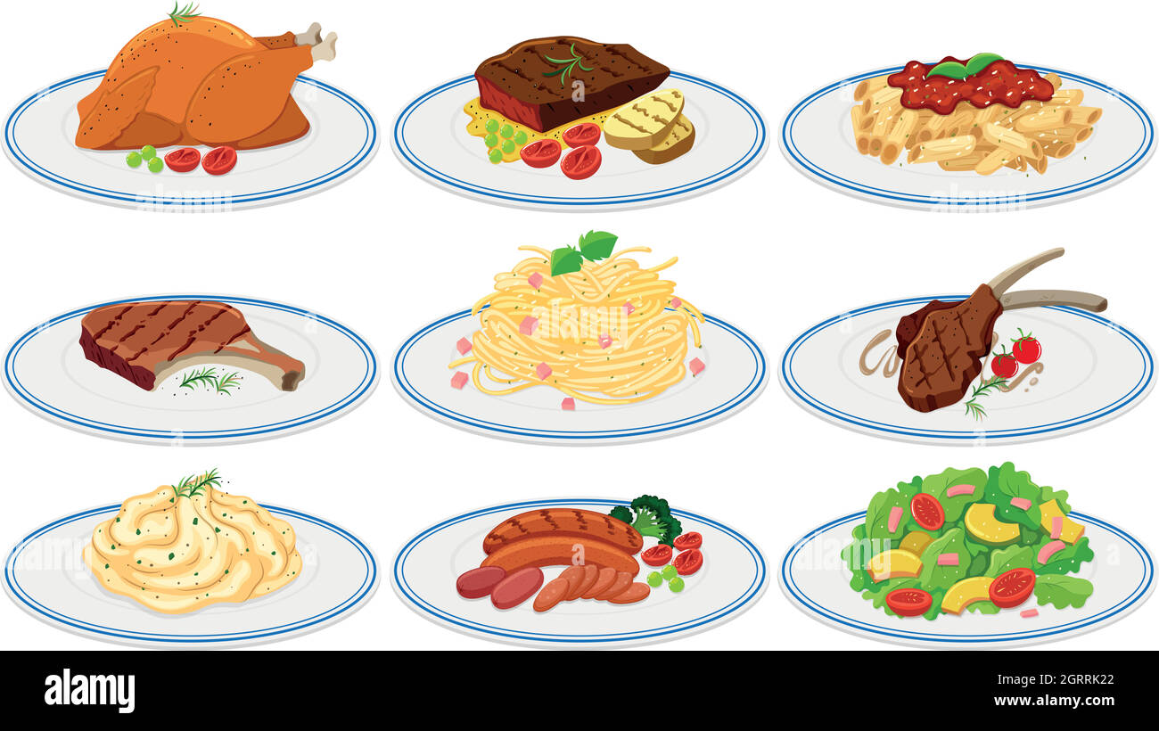 Diversi tipi di cibo sulle piastre Illustrazione Vettoriale