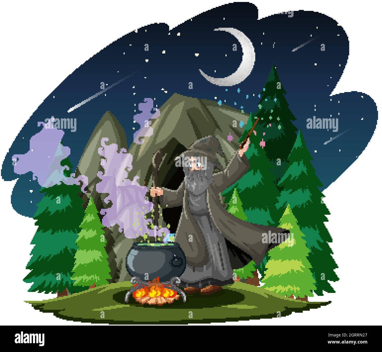 Wizard con nero magico pot stile cartoon su sfondo giungla scuro Illustrazione Vettoriale