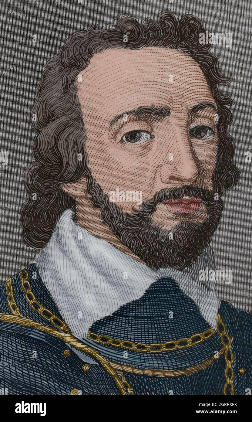 Alonso Pérez de Guzmán, chiamato Guzmán el Bueno (Guzman il bene) (1256-1309). Leonese militare e nobile, fondatore della casa di Medina Sidonia. Primo signore di Sanlúcar de Barrameda. Verticale. Incisione di Antonio Roca. Successiva colorazione. Las Glorias Nacionales. Volume III, edizione Madrid-Barcellona, 1853. Foto Stock